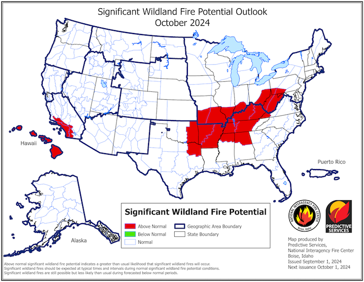 Portions of Ohio, Kentucky, Illinois, Indiana, and Missouri have above-normal potential for significant wildland fire during October 2024 due to the dry conditions.