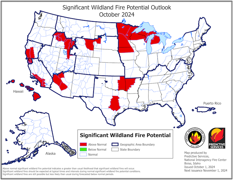 Map shows areas of the United States with significant wildland fire potential. Most  of Minnesota, and parts of Wyoming, South Dakota, Iowa, Oklahoma, Arkansas, and Texas, have above-normal potential for significant wildland fire.