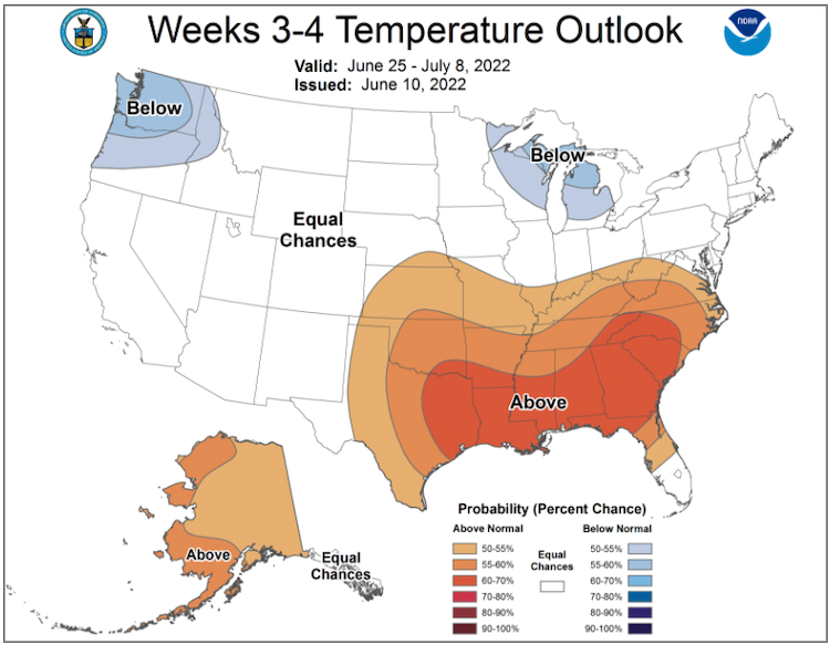 From June 25–July8, 2022, odds favor equal chances of below or above normal temperatures across the Northeast.