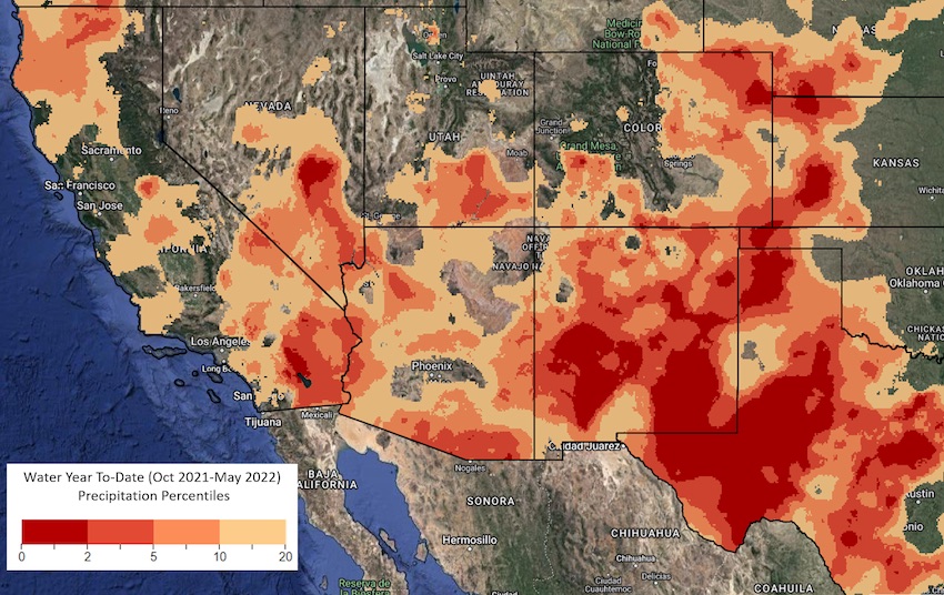 From October 1, 2021 to May 31, 2022, much of the Southwest has had  precipitation below the 20th percentile, compared to other October-May periods from 1895-2022