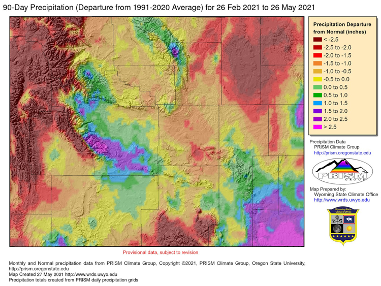 Wyoming 90-day precipitation departure from the 1991-2020 average, for February 26 to May 26, 2021.