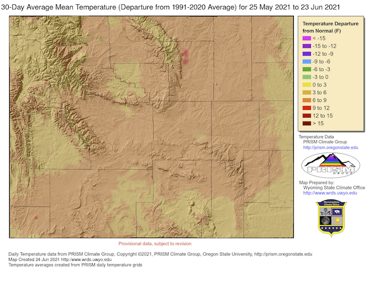 30-day average mean temperature as a departure from the 1991-2020 average for Wyoming. Valid for May 25 to June 23, 2021. Temperatures have been above average across the state.
