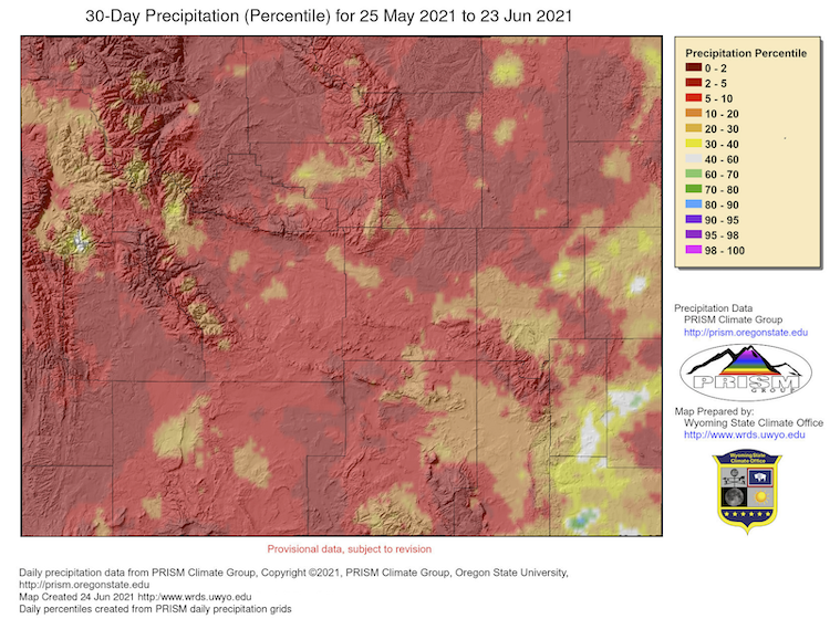 30-day percent of normal precipitation for Wyoming, from May 25 to June 23, 2021. Most of the state saw below normal conditions.