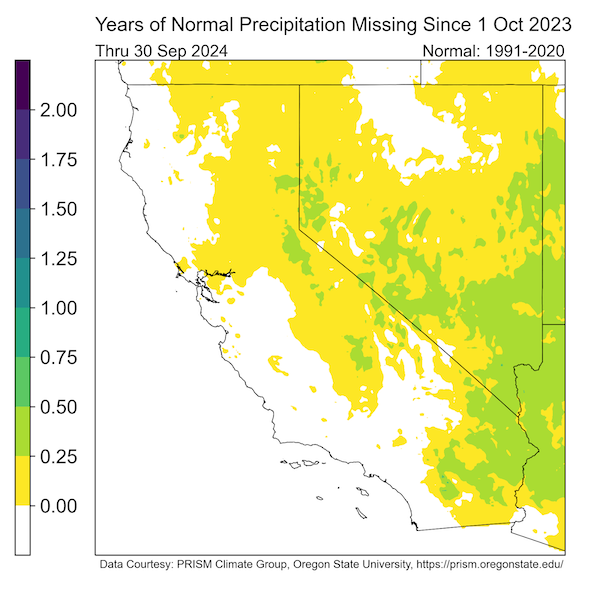  This figure shows the amount of normal water year precipitation that is missing and indicates that the Sierras and north as well as much of Nevada is missing between 0-25% of normal water year precipitation, while southeastern Nevada and far southeastern California are missing between 25-50% of normal water year precipitation.