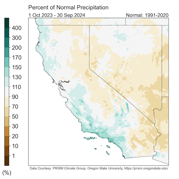 The percent of water year to date precipitation from October 1, 2023 through September 30, 2024. The coastal regions and higher terrain in the Mojave Desert are light green indicating precipitation between 110%-130% of normal precipitation. Coastal Southern California (Orange to Santa Barbara counties) received over 130% precipitation, with significant contribution from one atmospheric river in early February. The Sierras and foothills, southeast California, and central Nevada are light brown indicating between 70%-90% of normal precipitation.  Southeast Nevada is a slightly darker brown indicated 50-70%.