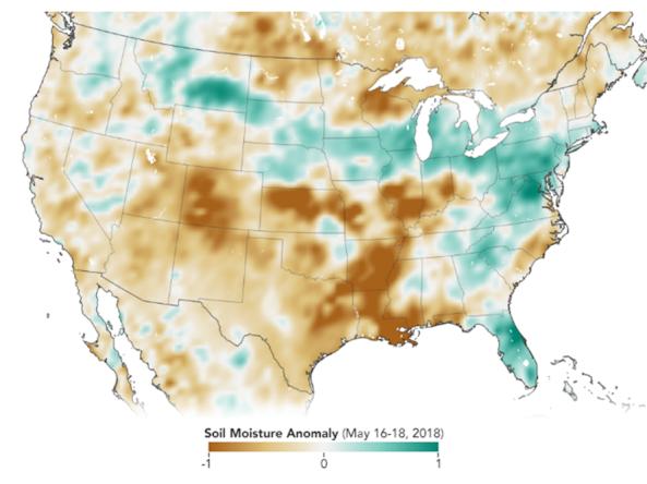 Example map showing soil moisture data from NASA's Soil Moisture Active Passive satellite