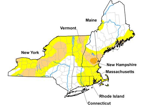 U.S. Drought Monitor map of the Northeast, showing the presence of abnormally dry (D0) conditions through severe drought (D2). Valid December 8, 2020.
