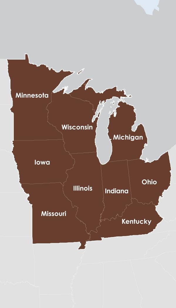 Midwest DEWS region map with individual states highlighted: Illinois, Indiana, Iowa, Kentucky, Minnesota, Michigan, Missouri, Ohio, and Wisconsin.