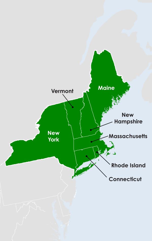 Map of the Northeast DEWS region, including Connecticut, Maine, Massachusetts, New Hampshire, New York,  Rhode Island, and Vermont.