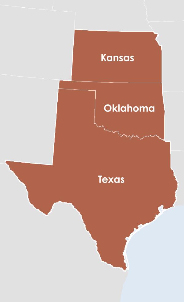 Map of the Southern Plains DEWS region, which includes Texas, Oklahoma, and Kansas.