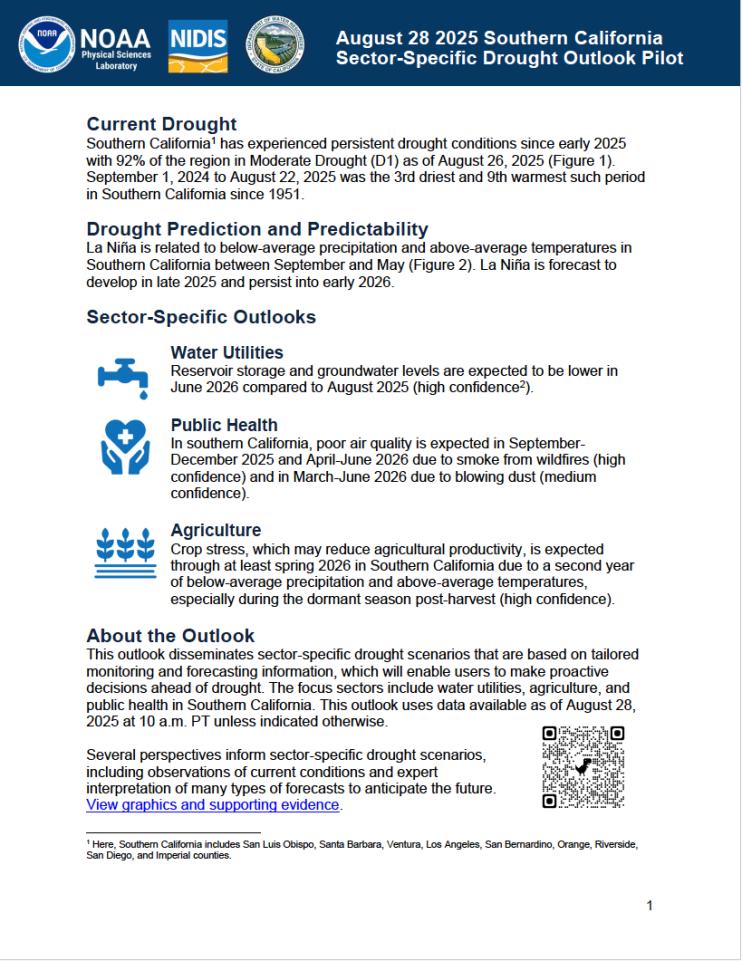 First page of the written Outlook document for Southern California, as part of the Modernizing Drought Early Warning – Southern California Pilot.
