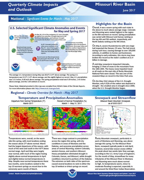First page of outlook on Quarterly Climate Impacts and Outlook for the Missouri River Basin, June 2017