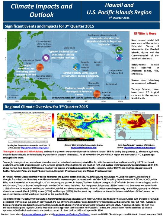 first page of two-page outlook on Quarterly Climate Impacts in the Pacific Region, November 2015