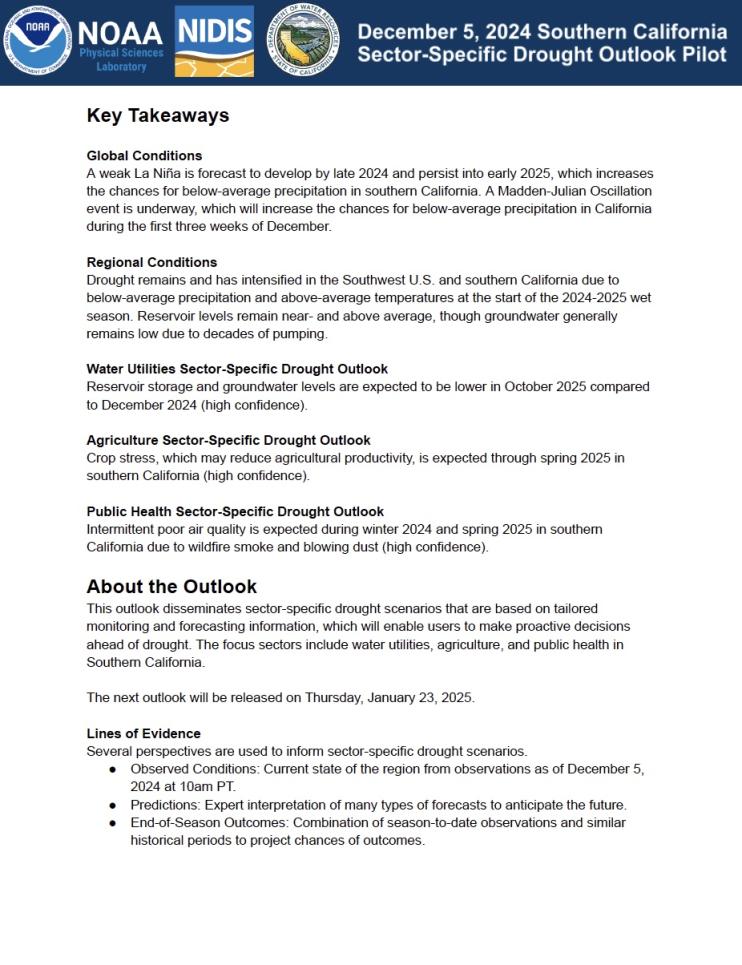 First page of the written Outlook document for Southern California, as part of the Modernizing Drought Early Warning – Southern California Pilot.