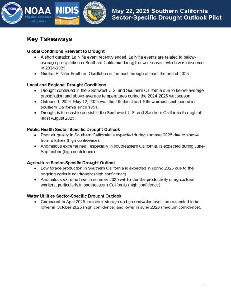 First page of the written Outlook document for Southern California, as part of the Modernizing Drought Early Warning – Southern California Pilot.