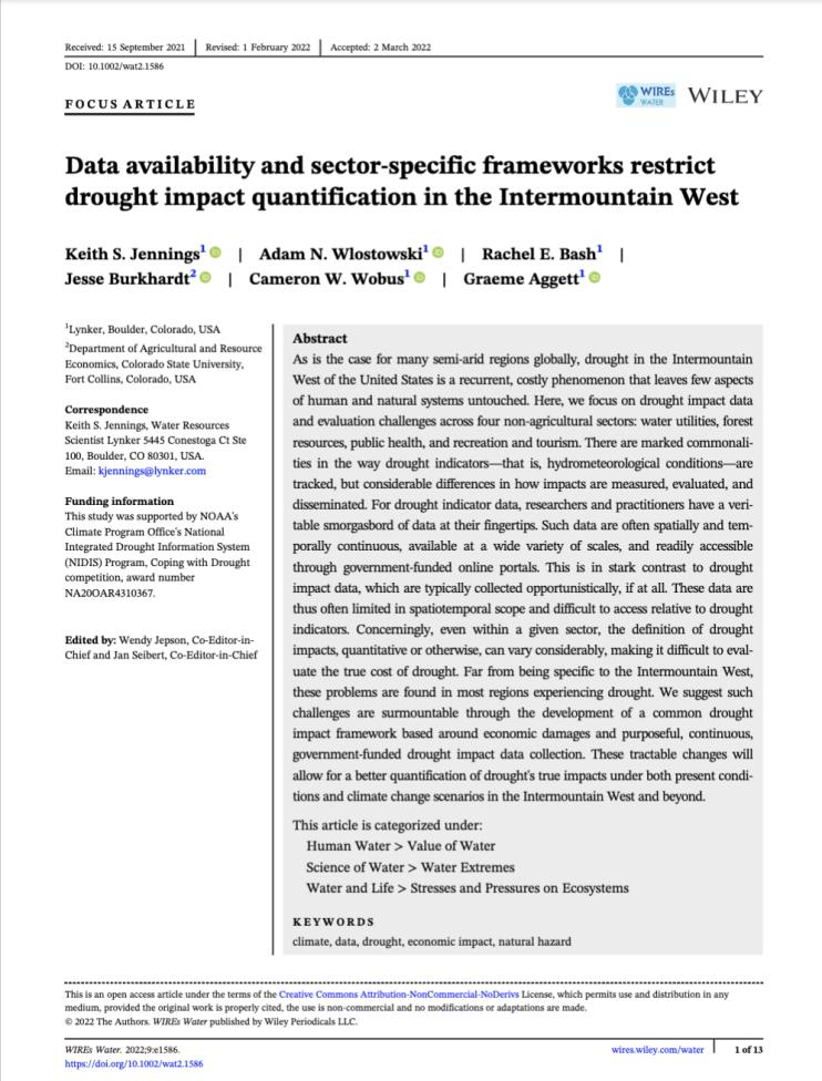 Researchers from Lynker and Colorado State University published an article in WIREs Water on drought impact quantification in the Intermountain West.