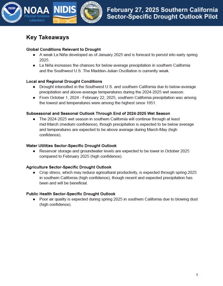 First page of the written Outlook document for Southern California, as part of the Modernizing Drought Early Warning – Southern California Pilot.