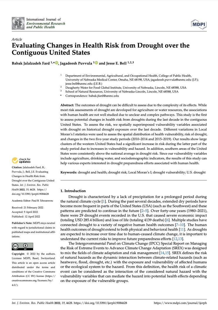 A NIDIS-funded research study on on evaluating changes in health risk from drought was published in the International Journal of Environmental Research and Public Health.