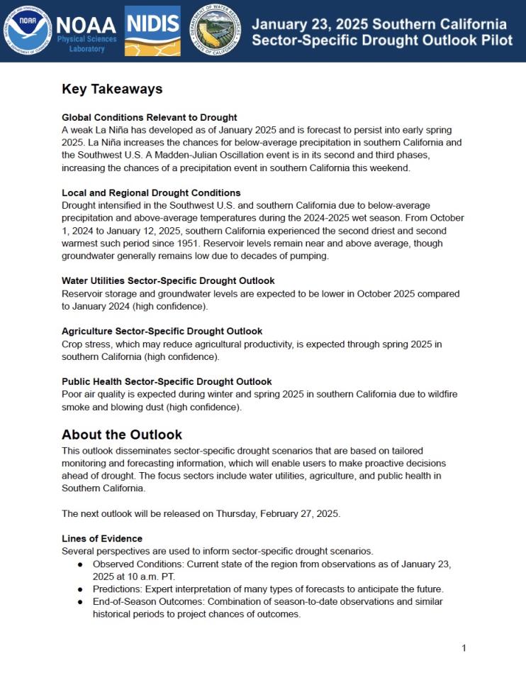 First page of the written Outlook document for Southern California, as part of the Modernizing Drought Early Warning – Southern California Pilot.