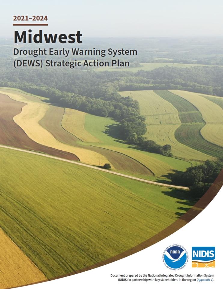 Cover page of the 2021–2024 Midwest DEWS Strategic Action Plan, featuring rolling hills in the Midwest U.S.
