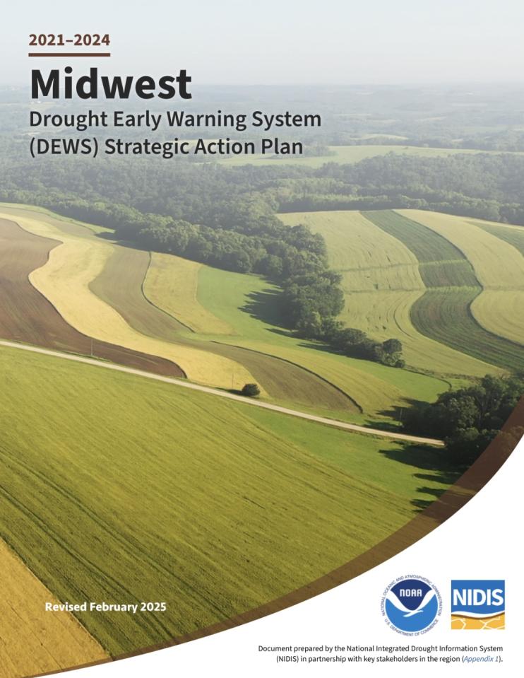 Cover page of the 2021–2024 Midwest DEWS Strategic Action Plan, featuring rolling hills in the Midwest U.S.