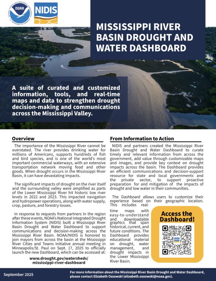 First page of the fact sheet on the Mississippi River Basin Drought and Water Dashboard.