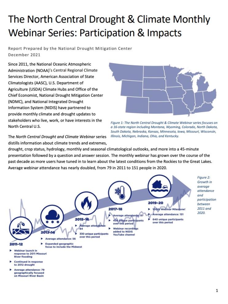 First page of the PDF, "North Central Drought & Climate Monthly Webinar Series: Participation & Impacts"