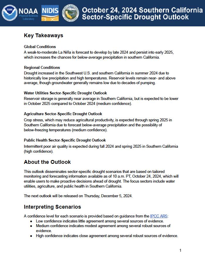 First page of the written Outlook document for Southern California, as part of the Modernizing Drought Early Warning – Southern California Pilot.