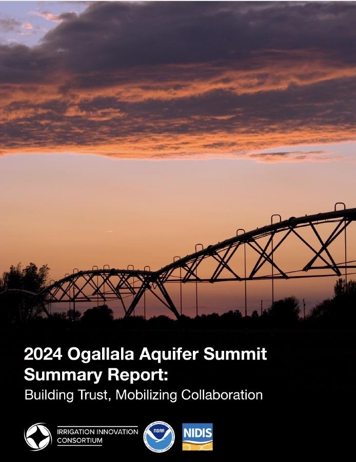 Cover of the 2024 Ogallala Aquifer Summit Summary Report, showing a photo of a bridge in Kansas at sunset with the report title overlaid on top.