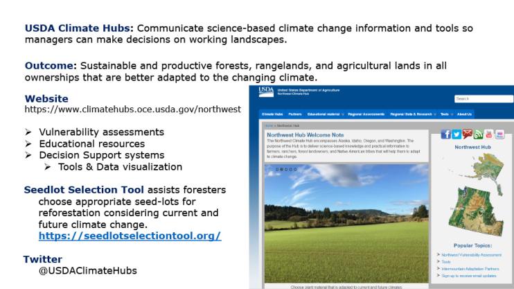 Title slide from presentation on USDA Climate Hub Information showing body text and an image of the Climate Hub website on a white background