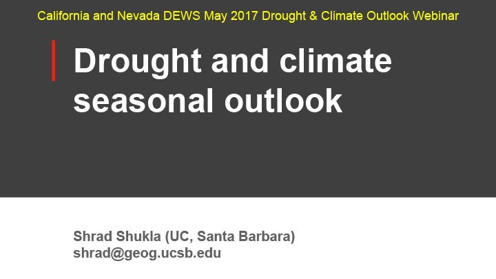 Title slide from presentation on Drought and Climate Seasonal Outlook showing title and author on a dark gray and white background