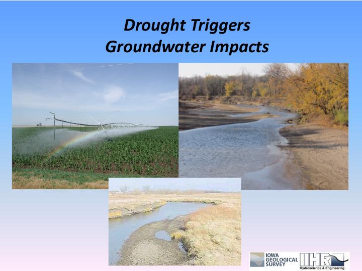 Title slide from presentation on Drought Triggers and Groundwater Impacts showing title, a series of images and the Iowa Geological Survey logo on a pale blue gradient background