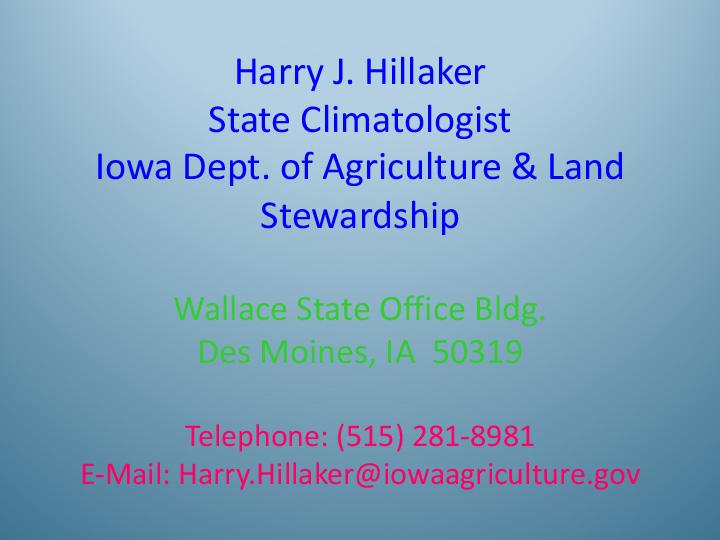 Title slide from presentation on Current Drought Conditions & Climate Outlook showing title and author names and contact info on a pale blue gradient background