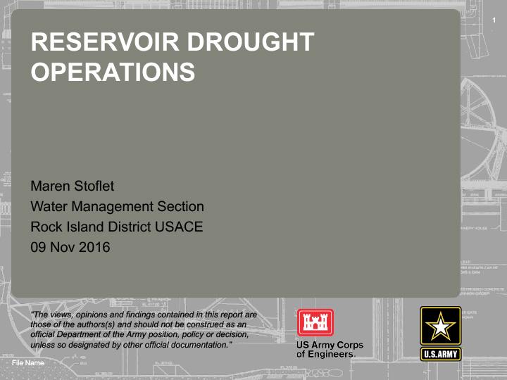 Title slide from presentation on Reservoir Drought Operations showing title, author name, US Army Corps Engineers and US Army logos on a gray background