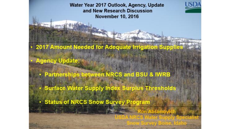 Title slide from presentation on Water Year 2017 Outlook, Agency, Update and New Research Discussion