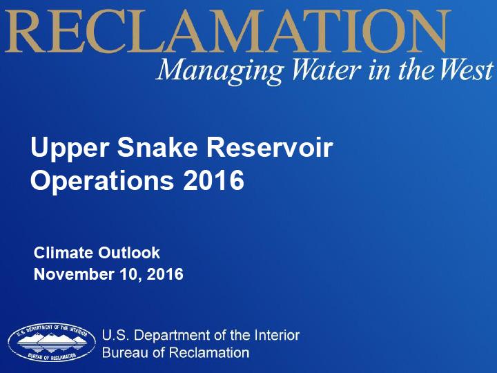 Title slide from presentation on Upper Snake Reservoir Operations showing title, date, and US Department of the Interior Bureau of Reclamation logo on a dark blue gradient background