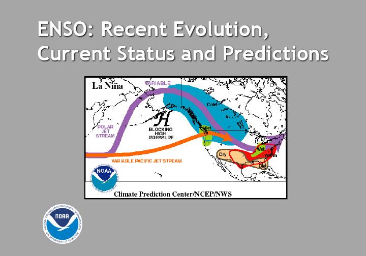 Title slide from presentation on ENSO: Recent Evolution, Current Status and Predictions showing title, a map of the hurricane, and the NOAA logo on a light gray background