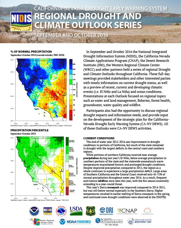 Page shows text and precipitation maps; logos for NOAA, NIDIS, National Weather Service, USDA, USGS, Desert Research Institute, CNAP, WRCC, Scripps Institution of Oceanography, Cal State Monterey Bay, Climate Science Alliance