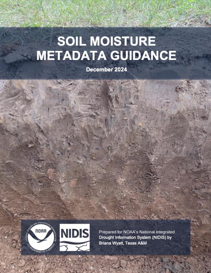 Cover page of the Soil Moisture Metadata Guidance document, showing a cross-section of soil.