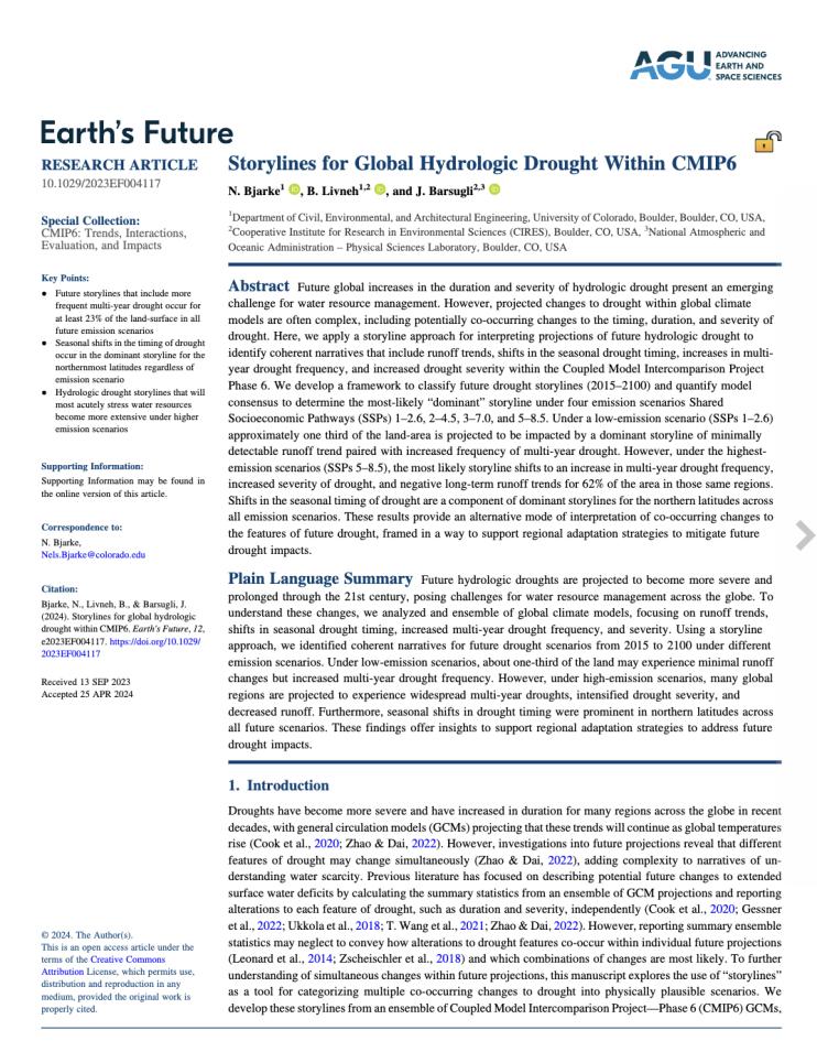 First page of the article, Storylines for Global Hydrologic Drought Within CMIP6.