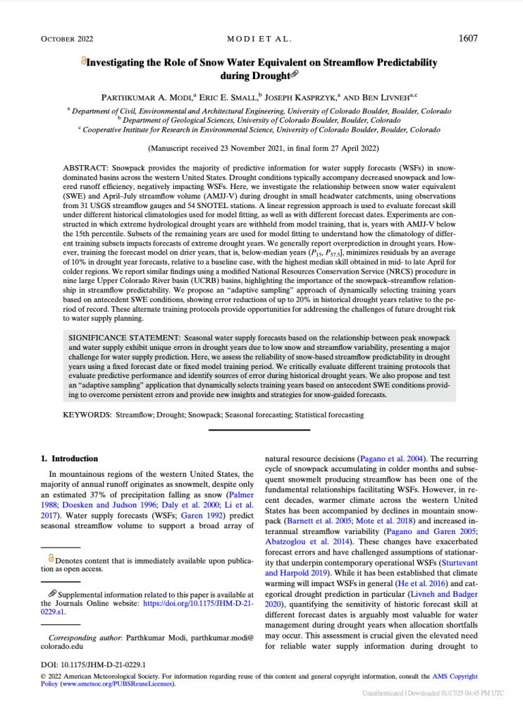 First page of the aricle, Investigating the Role of Snow Water Equivalent on Streamflow Predictability during Drought.