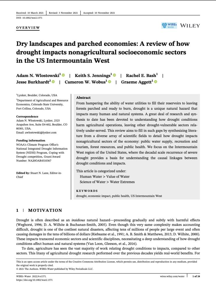 A NIDIS-funded research study on drought impacts in the Intermountain West was published in the journal WIREs Water.