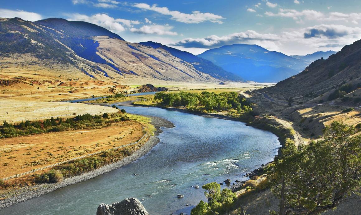 Missouri River flowing through a hilly landscape