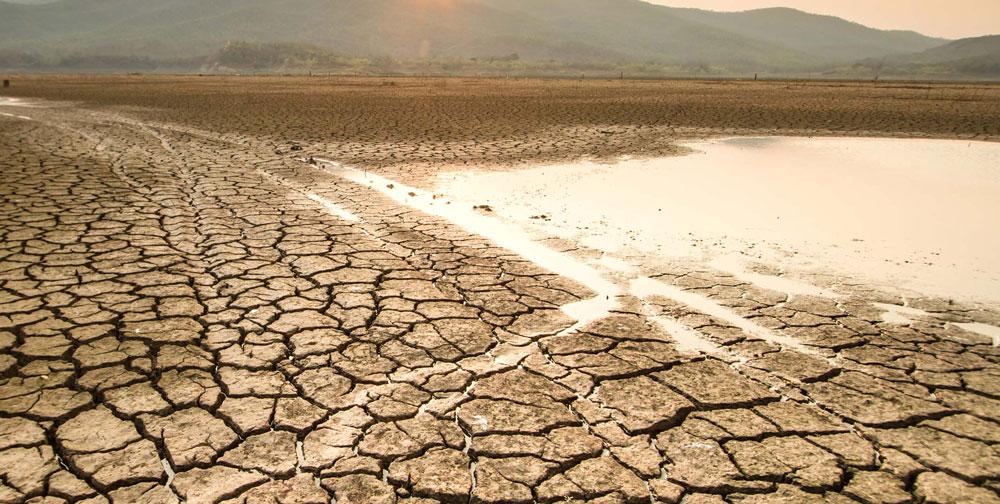 A dried out riverbed with dry, cracked soil