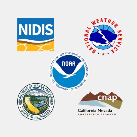 Logos of the key partners in the Sector-Specific Drought Early Warning Outlook – Southern California Pilot: NOAA's National Integrated Drought Information System, Physical Sciences Laboratory, National Centers for Environmental Information, and National Weather Services, as well as the California Department of Water Resources and the California-Nevada Adaptation Program.