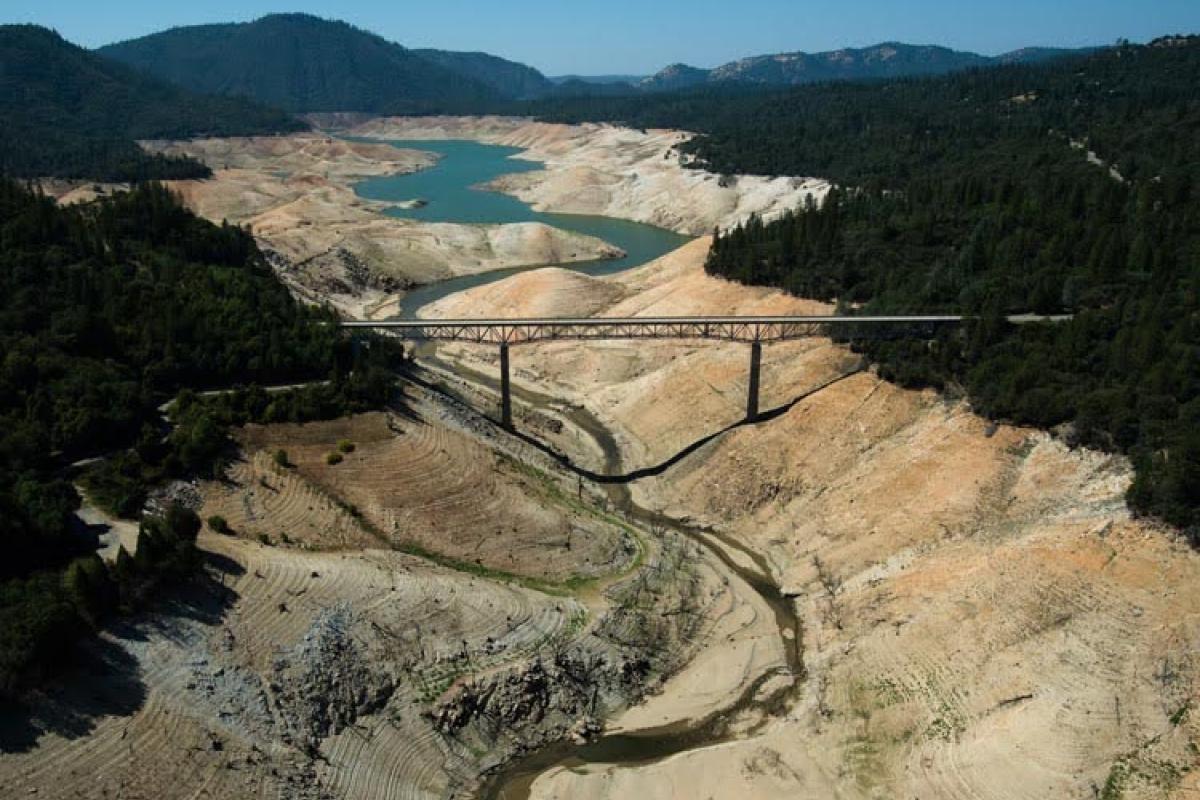 This photo shows California’s largest reservoir, Lake Oroville, nearly dry on August 19, 2014. Credit: California Department of Water Resources.