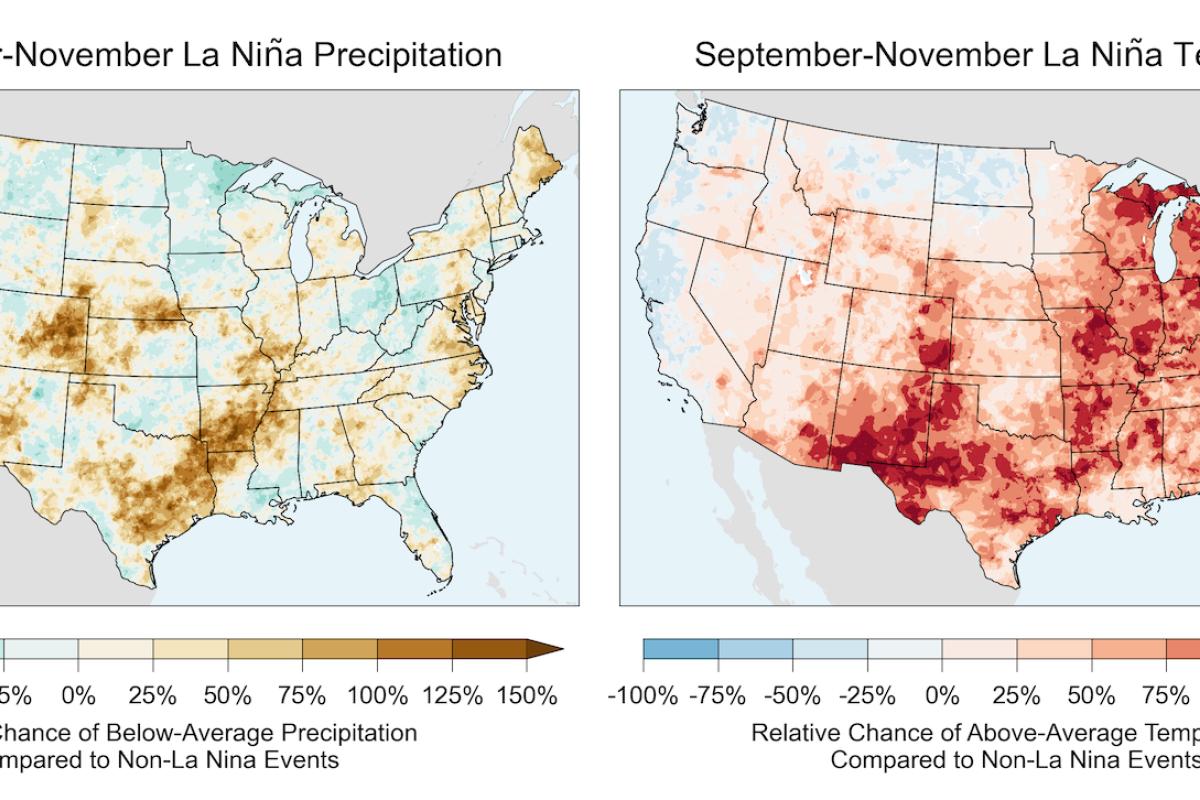 Two maps show the relative chance of below-normal precipitation and above-normal temperatures during La Nina events in September to November. Image created by Andrew Hoell, NOAA's Physical Sciences Laboratory.