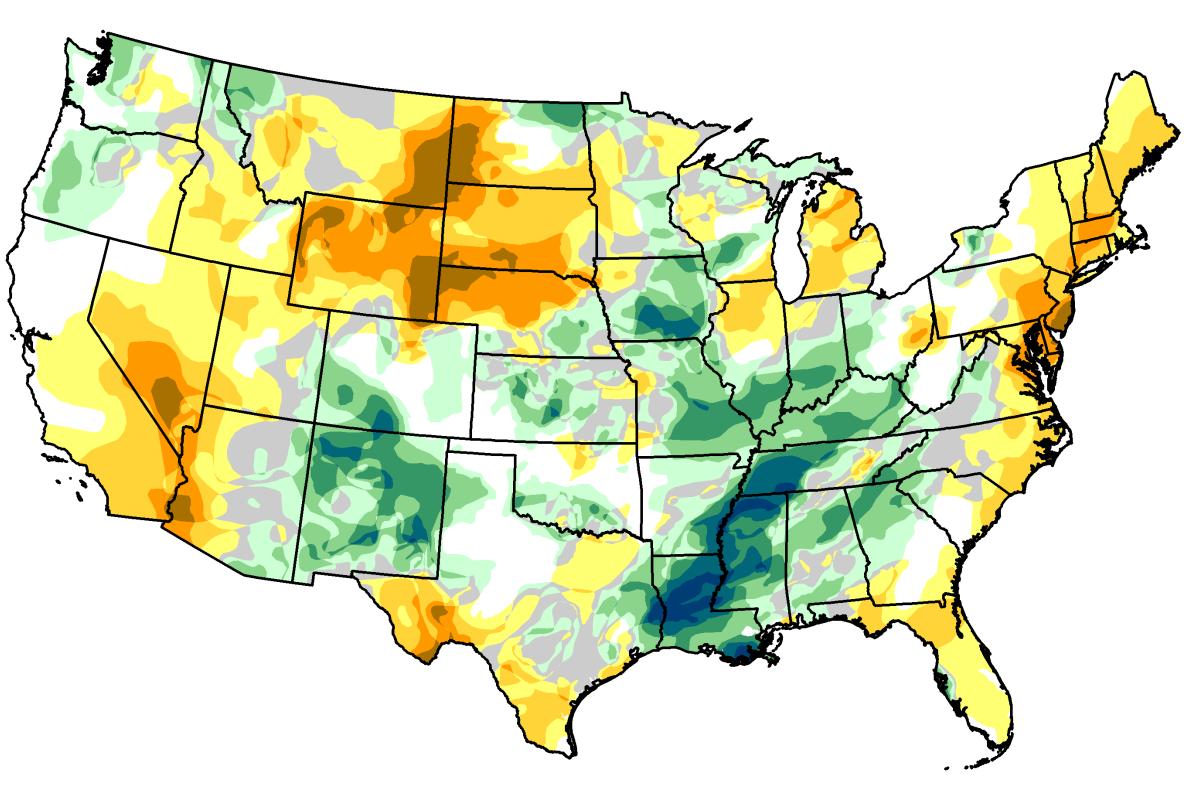 U.S. Drought Monitor change map, showing the change in drought conditions from the beginning to the end of 2024.